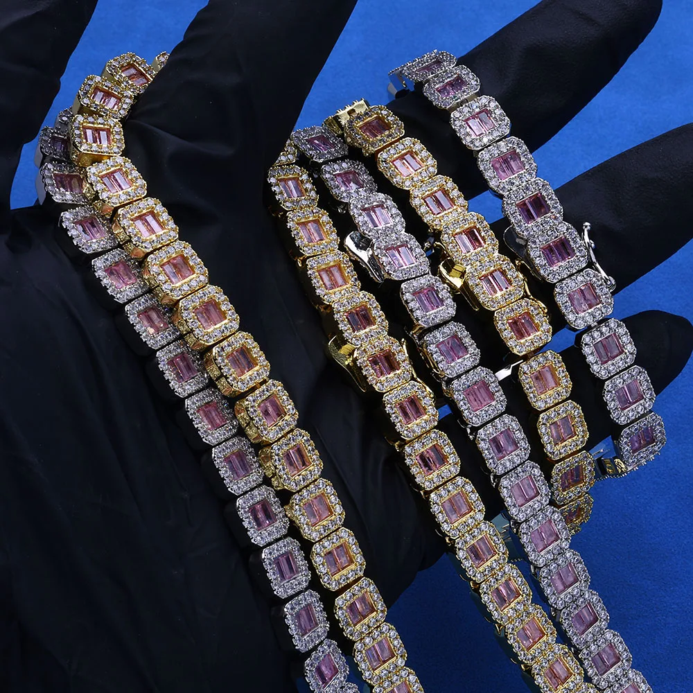 Gioielli Hip Hop Bling Collane da tennis 8mm Nuovo design Ragazze Baguette ghiacciate Rosa CZ Catena da tennis pavimentata Regalo per feste