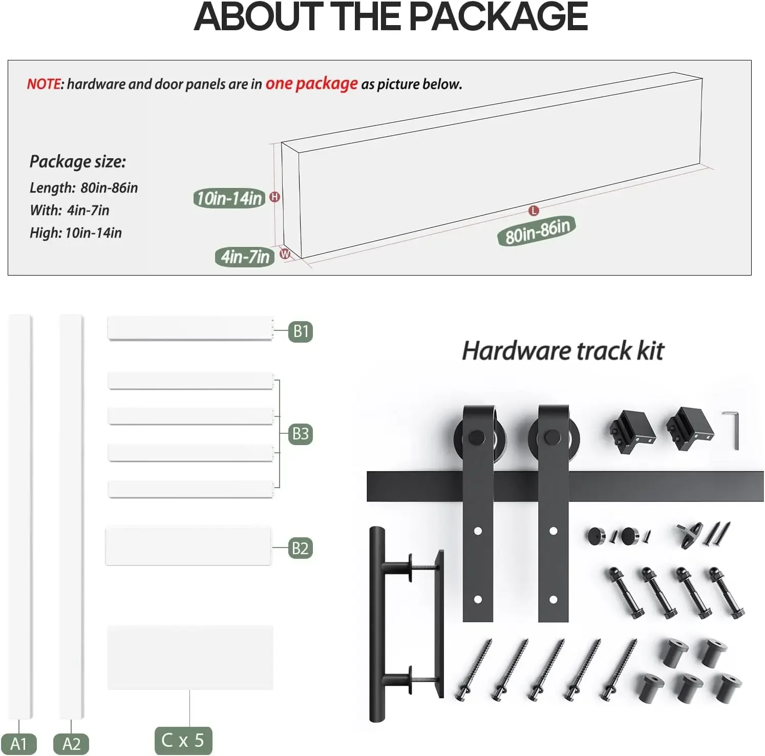[متجر Helong] باب الحظيرة الأبيض مقاس 32 بوصة × 80 بوصة ومجموعة أدوات باب الحظيرة المنزلقة بطول 5.5 قدم، صلب، MDF، سطح PVC، مجموعة DIY، 5-