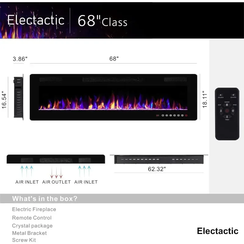 Electric Fireplace Recessed and Wall Mounted Heater and Linear Fireplace, with Timer, Remote Control, Adjustable Flame Color