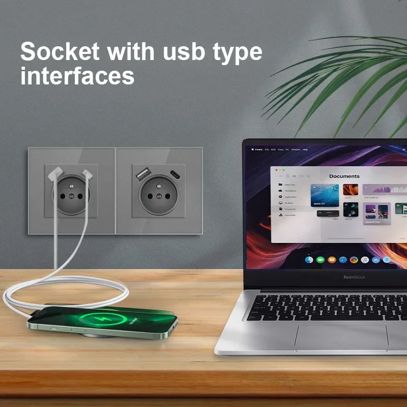 NYWP Touch Light Switch France Sockets USB C Phone Charge Crystal Glass 1/2/3Gang Wall Switches Double Sockets grey