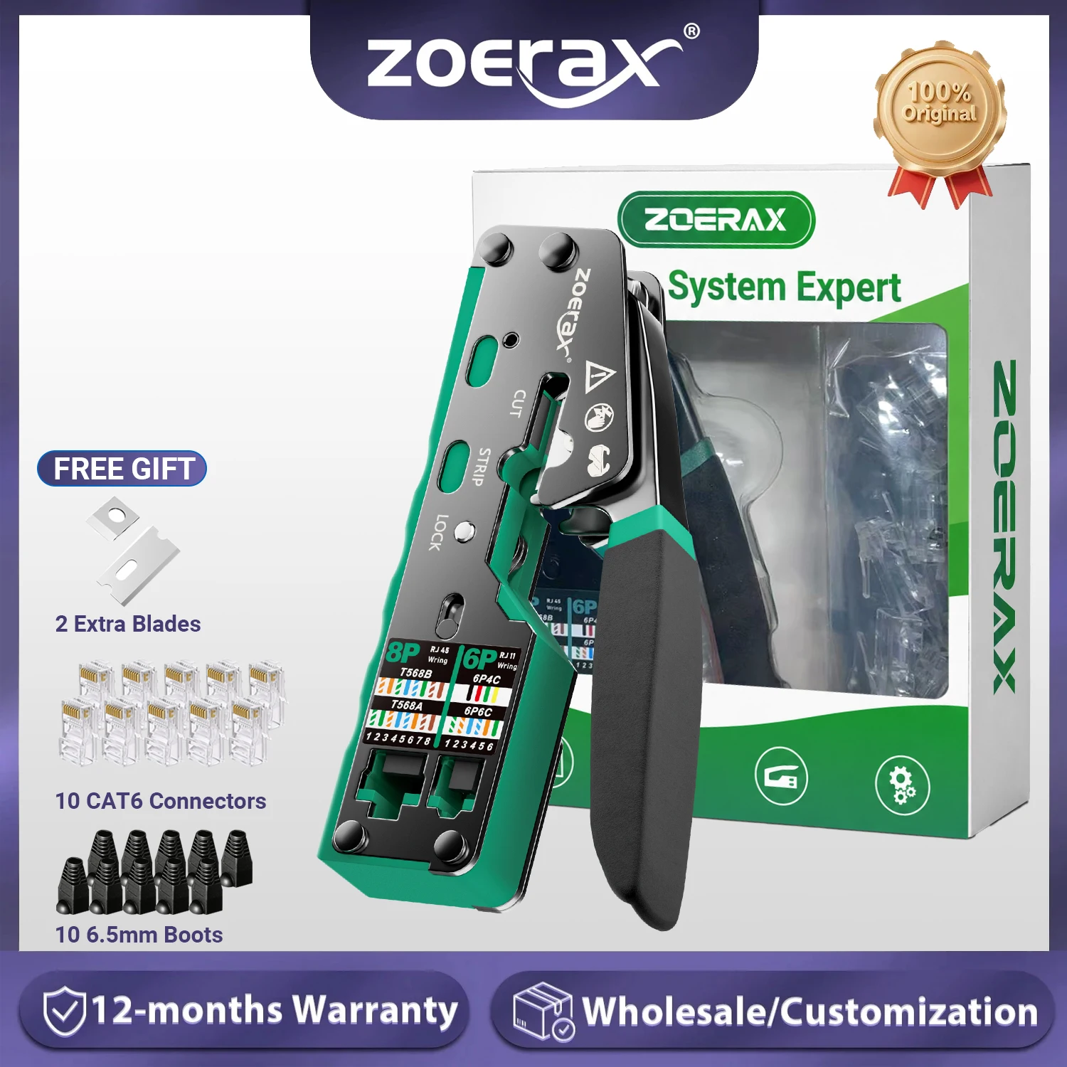 

ZoeRax RJ45 Crimp Tool Pass Through Crimper Cutter for Cat6 Cat5 Cat5e 8P8C Modular Connector Ethernet All-in-one Wire Tool