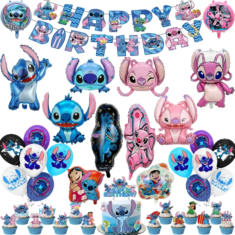 Globos de Lilo y Stitch, Banner de Cumpleaños, Decoración de Fiesta, Vajilla Desechable Azul de Dibujos Animados, Adorno para Pastel, Pegatinas Espirales para Fondo