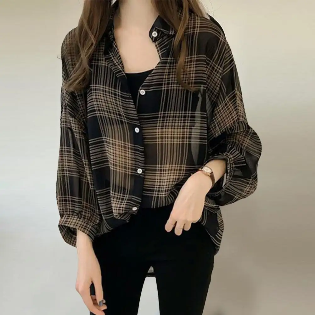 Ladies Blouse Anti-shrink Women Shirt Batwing Long Sleeve Plaid Pattern Loose Thin Office Blouse Shirt Korean Style