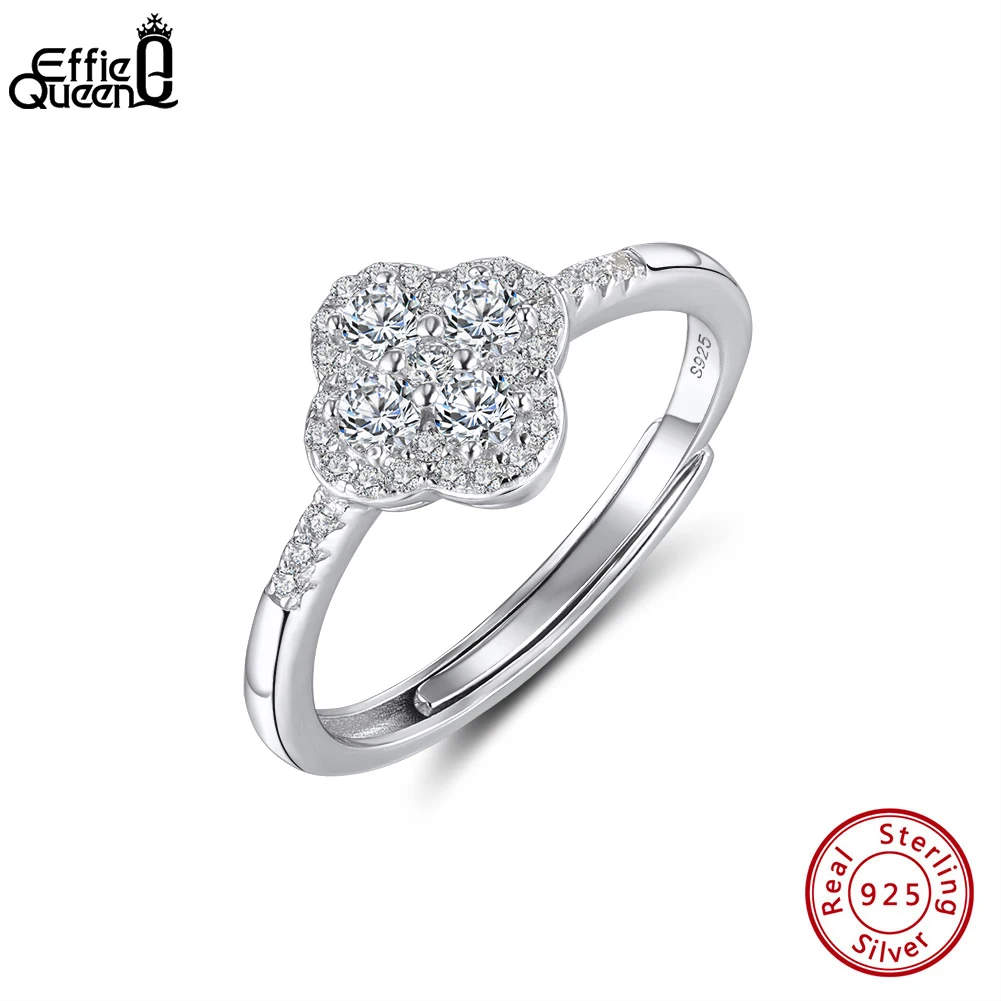 

Кольцо Effie Queen Shiny Clover с цирконием для женщин, из стерлингового серебра 925 пробы, с четырехлистным клевером, свадебное кольцо, ювелирное украшение для вечеринок LZR43
