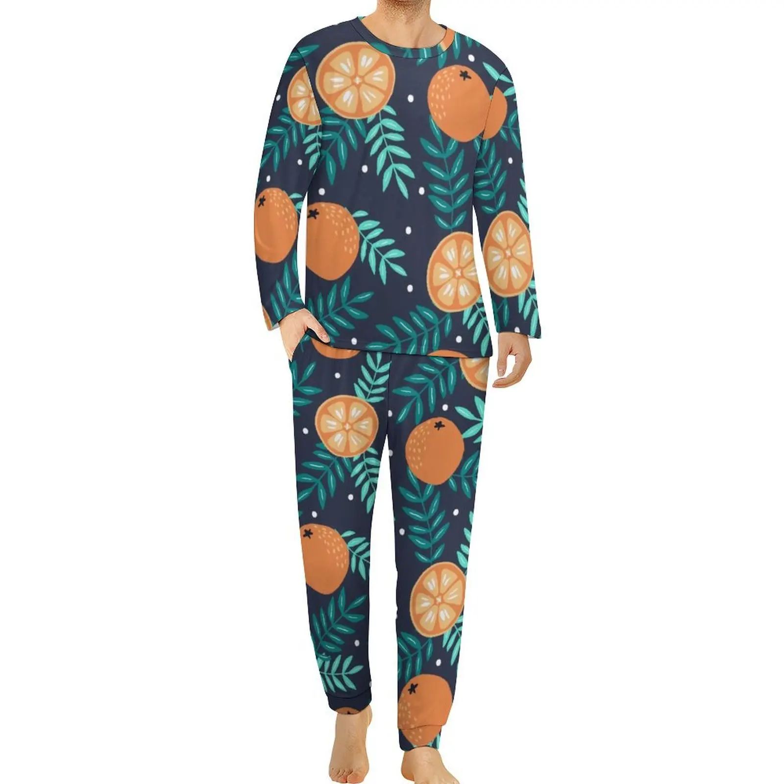 Boho Oranges Pajamas Autumn 2 Pieces Green Leaves Print Cool Pajama Sets Male Long Sleeve Night Graphic Sleepwear Large Size