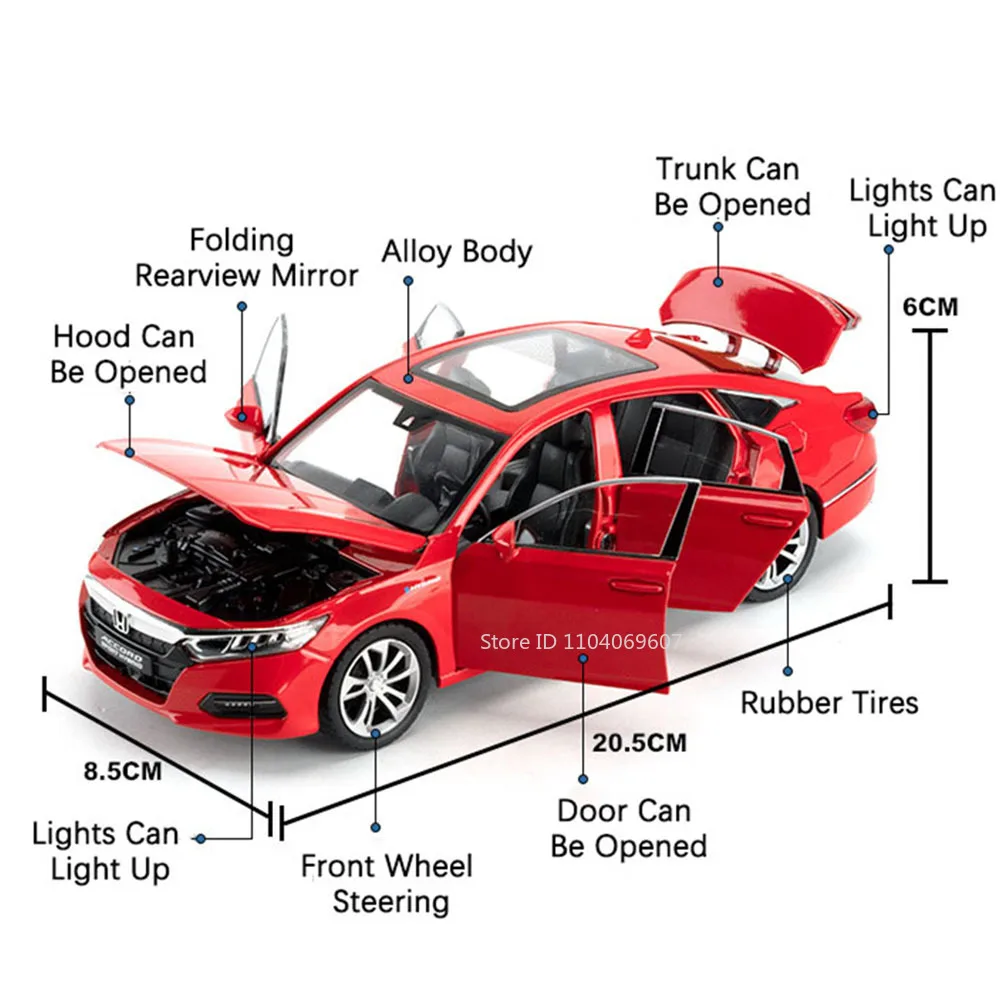 Honda Accord w skali 1:24 Zabawkowe modele samochodów Metalowe odlewy RAV4 Miniaturowe modele Dźwięk Światło Otwarte drzwi dla dzieci Prezenty