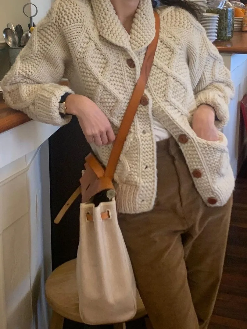 سترة نسائية طويلة الأكمام بياقة وتصميم محبوك ثقيل بطراز عتيق، مناسبة للخريف والشتاء، أسلوب الشارع العصري، ملابس خارجية عملية ...