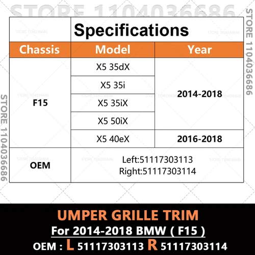 Imagen 2 del producto Para 2014-2018 F15 BMW X5 35i 35ix 35dx 40ex 50ix embellecedor de rejilla de parachoques delantero mate 51117303113 51117303114