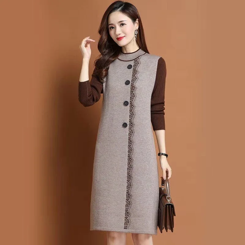 

Women's Knitted Wool Korean Fashion Simple Dress Autumn Winter Thick Casual Half High Collar Sweater Tunics