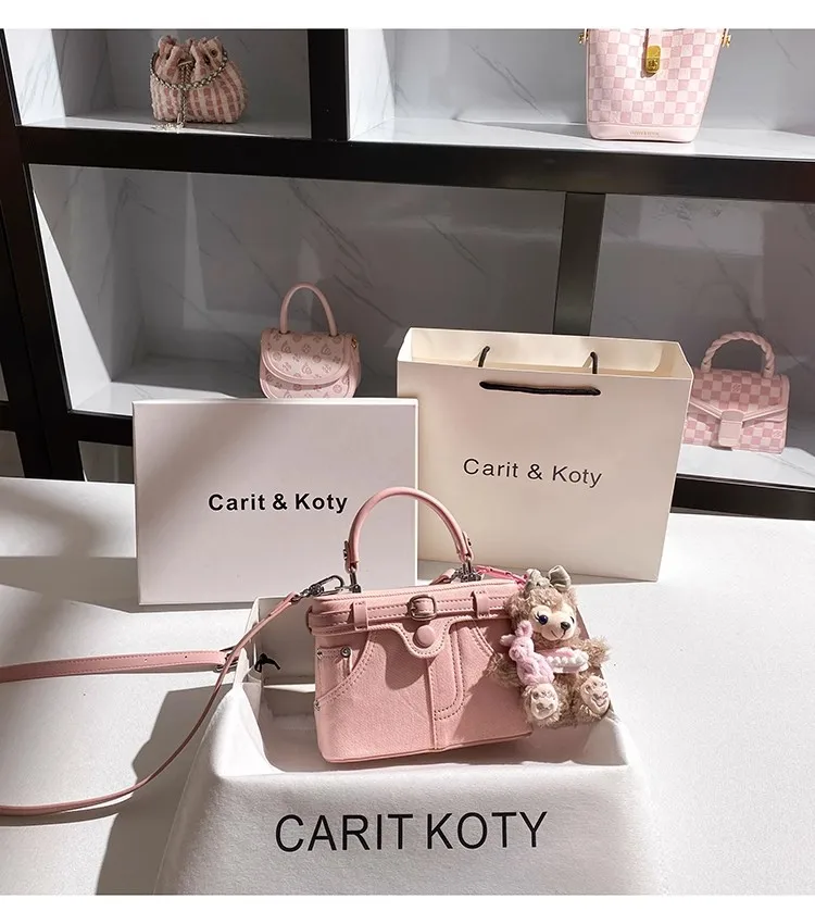 

Fashion Pink Color Denim Square Box High Quality Textured Women Handbag Luxury Female Clutch Purse Shoulder Messenger Bag