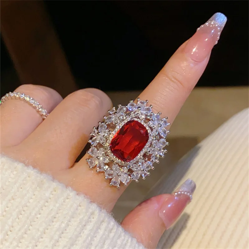 Created Ruby Rings For Women Big Gemstone Deep Red White Gold Plated Adjustable Size Fine Jewelry Luxury Party Accessories