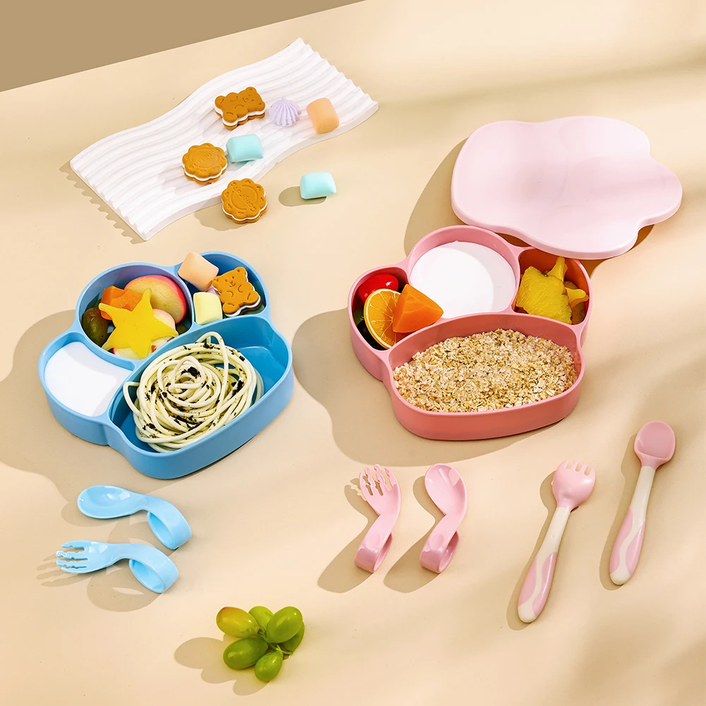 2024 Hot Selling Squirrel Silicone Tableware Baby Silicone Food Set Baby Saliva Napkin Dining Plate Set