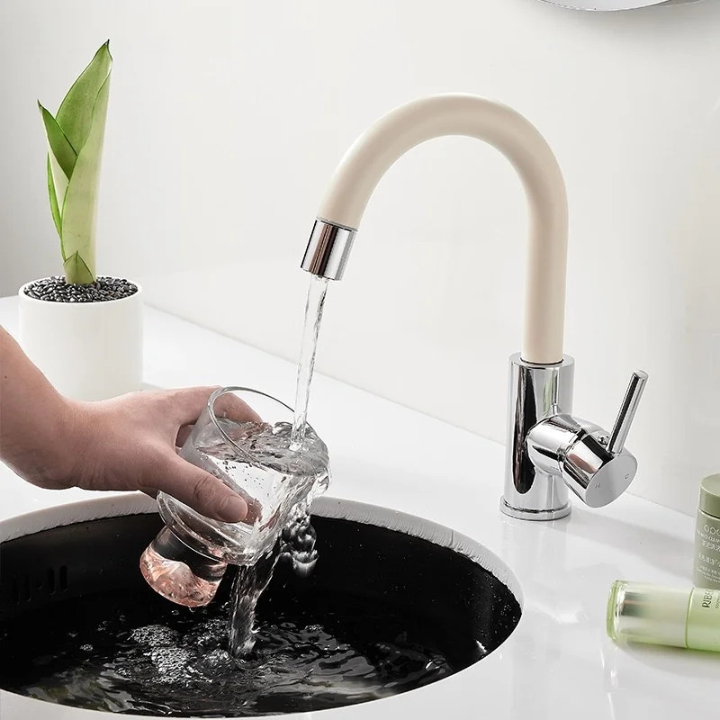 Kitchen Bar Island White Cream Style Pull-Out Faucet Bathroom Cabinet Basin Sink Rotatable Hot and Cold Faucet