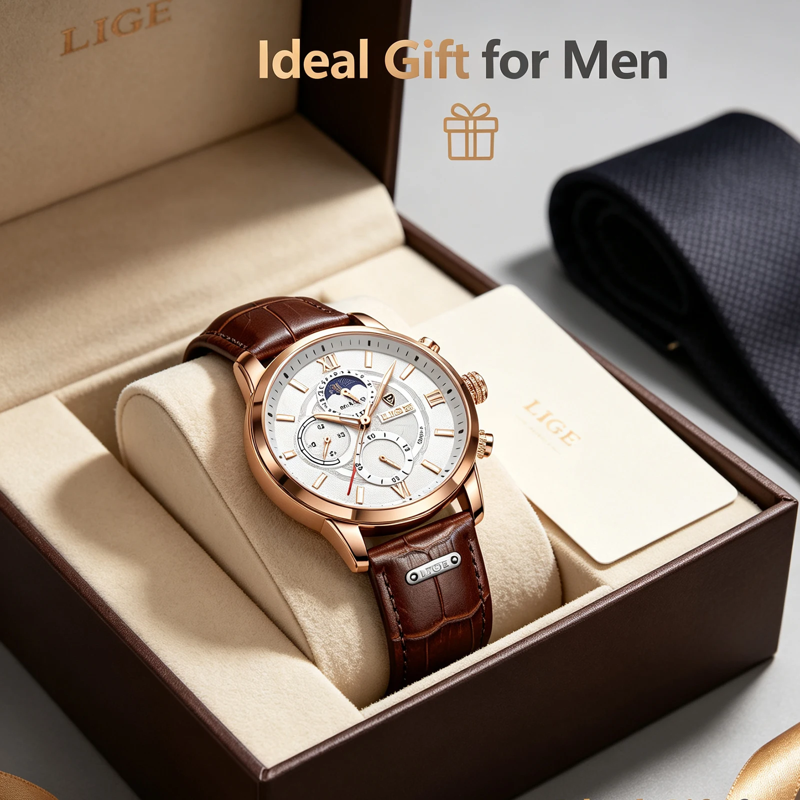 2026 LIGE Watches Mens Top Brand Luxury Clock Casual Leathe 24Hour Moon Phase Men Watch Sports Waterproof Quartz Chronograph+Box
