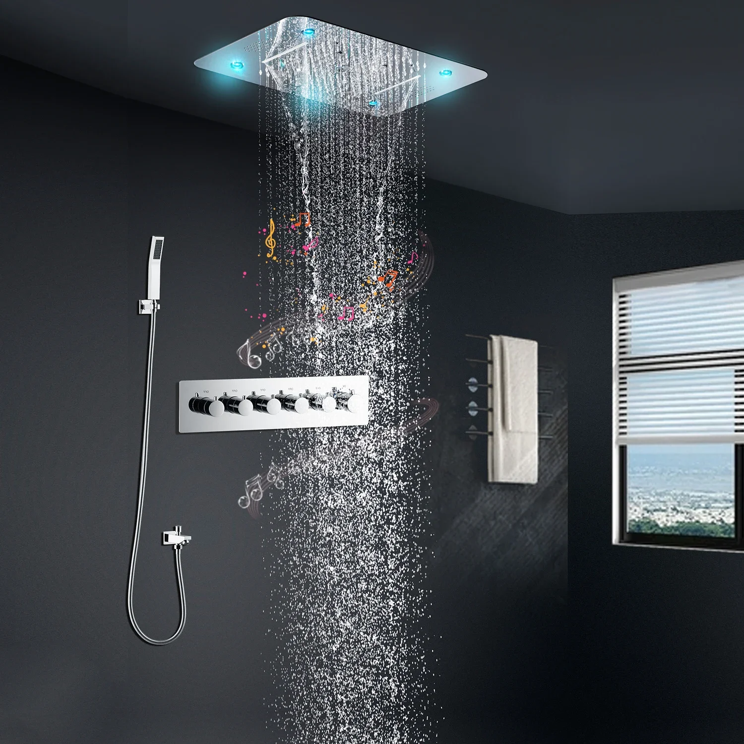 Luxury 580*380mm ceiling rain waterfall mist led shower set 5 function thermostatic music shower mixer