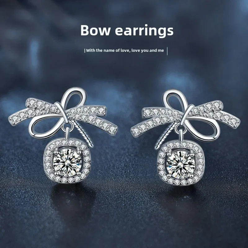 

Light luxury 925 sterling silver moissanite stud earrings for women, fashion bowknot earrings