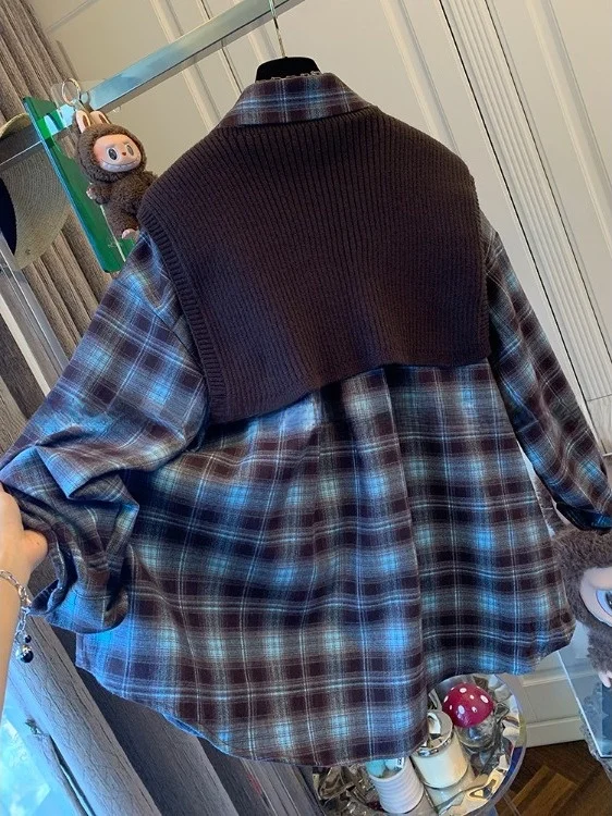 Cappotto con punteruolo lavorato a maglia scozzese retrò Allentato lungo Sve Capispalla autunno inverno da donna Falso set in due pezzi Colletto superiore con bottoni