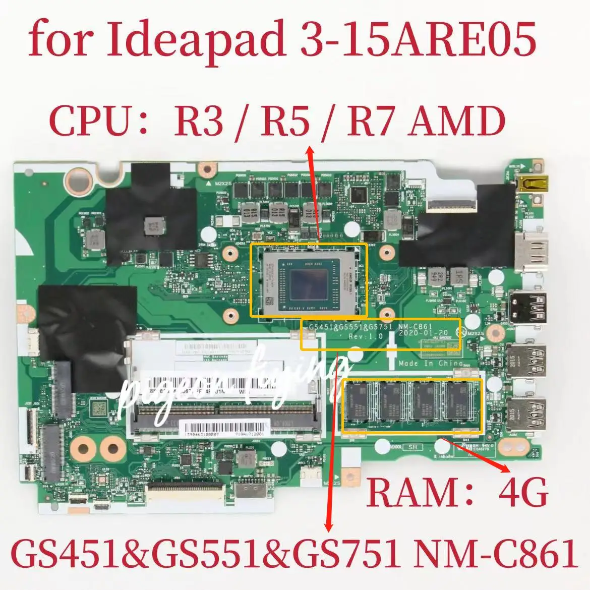 

NM-C861 Mainboard for IdeaPad 3-15ARE05 Laptop Motherboard CPU:R3-4300U R5-4500U R7-4700U AMD RAM:4G FRU:5B20S44306 Test OK