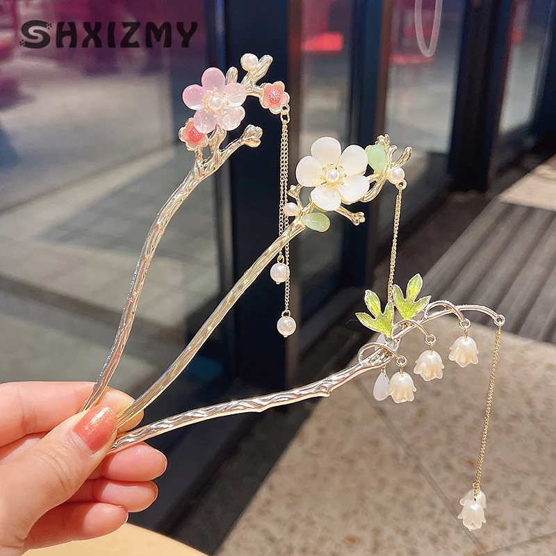 Vintage Tassel Hair Stick Chopsticks For Women Chinese Hanfu Hair Accessories Fringe Pearl Floral Hairpin Forks Metal Jewelry