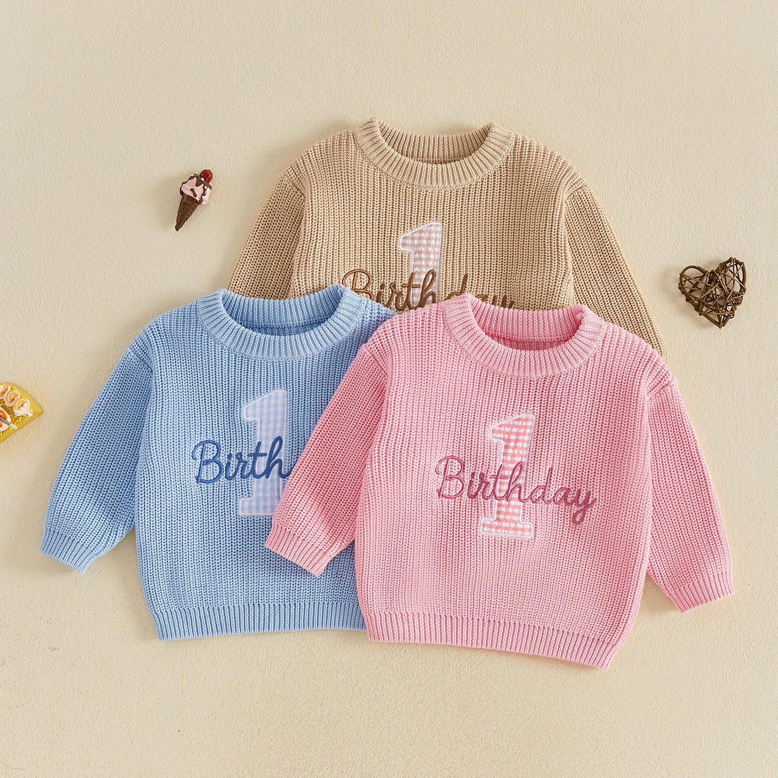Fashion Baby One Birthday Sweater Letter Embroidered Crewneck Knitted Winter Pullover Sweaters Knitwear Tops