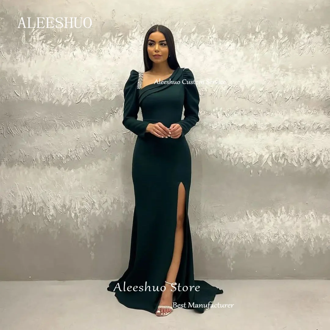 Aleeshuo Elegant Sky Blue Boat Neckline Prom Dress Long Sleeves Side Split Mermaid Evening Party Dress For Women 2024