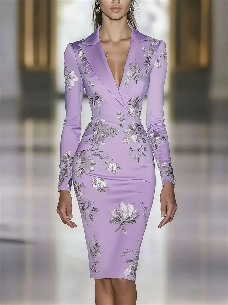우아한 럭셔리 플로럴 프린트 바디콘 미디 드레스 레트로 브이넥 긴팔 핏 연회 드레스 기품 있는 하이웨이스트 랩 힙 드레스