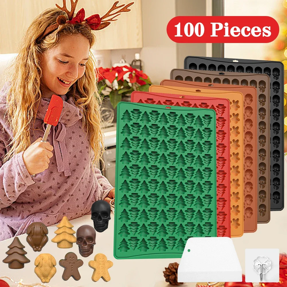 100 Grid Silicone Mold Non-Stick Easy Release DIY Christmas Tree Turkey Gingerbread Man Chocolate Biscuit Skull Ghost Mold