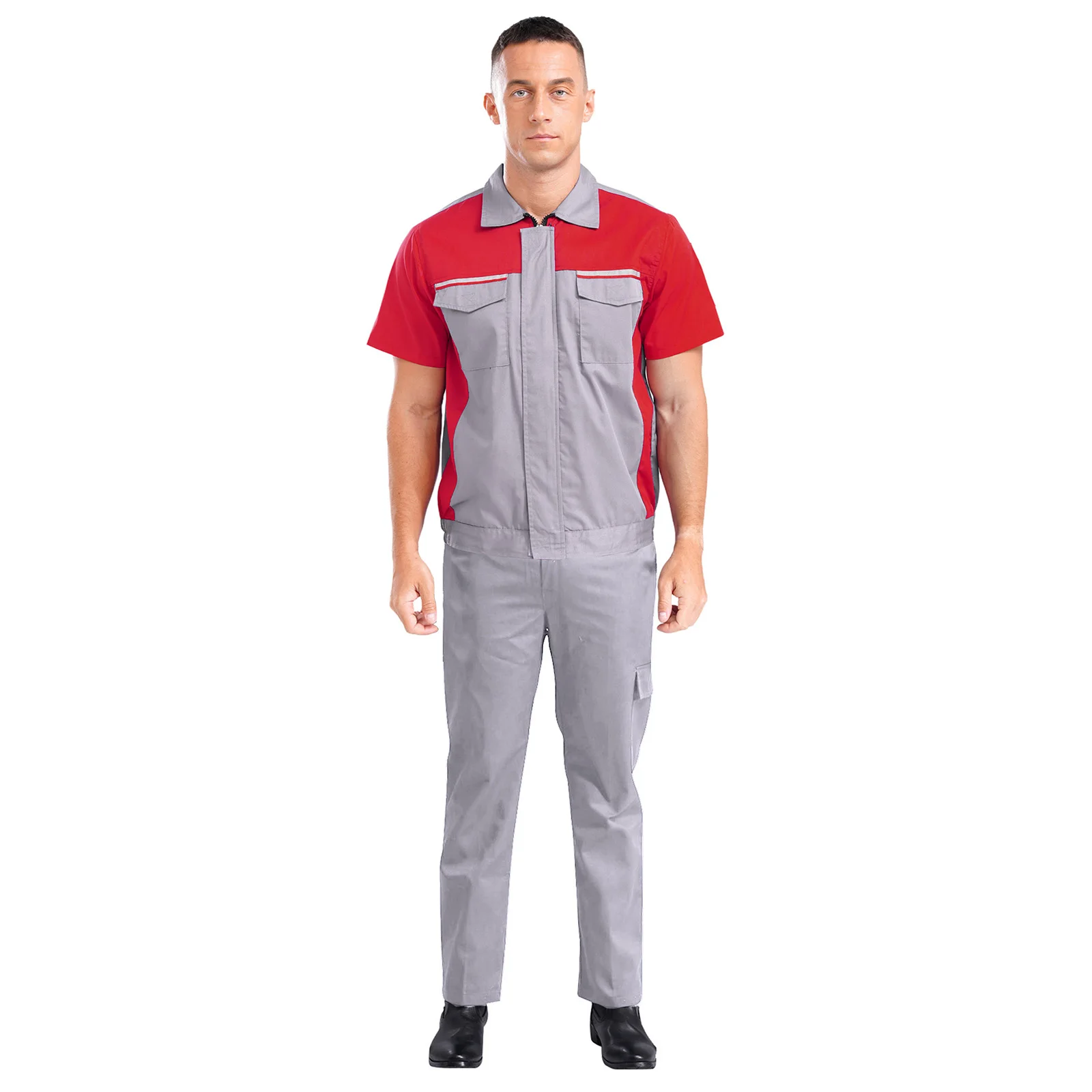 Mens Dungarees Work Uniforms Outfit Short Sleeve Zip Pockets Reflective Stripes Top and Pants for Factory Worker Working Suits