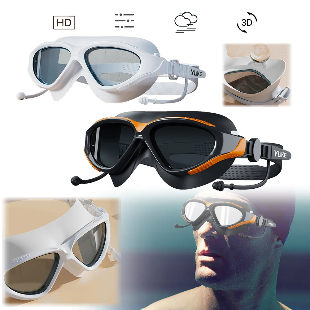 Adjustable Swimming Goggles Adults Big Frame With Earplugs Swim Glasses Men Women Professional HD Anti-fog Silicone Goggles