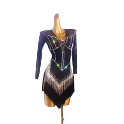 Latin Dance Dress, High-end Customized Black Screen Gauze With Diamond Tassels, Female Adult Stage Professional Clothing