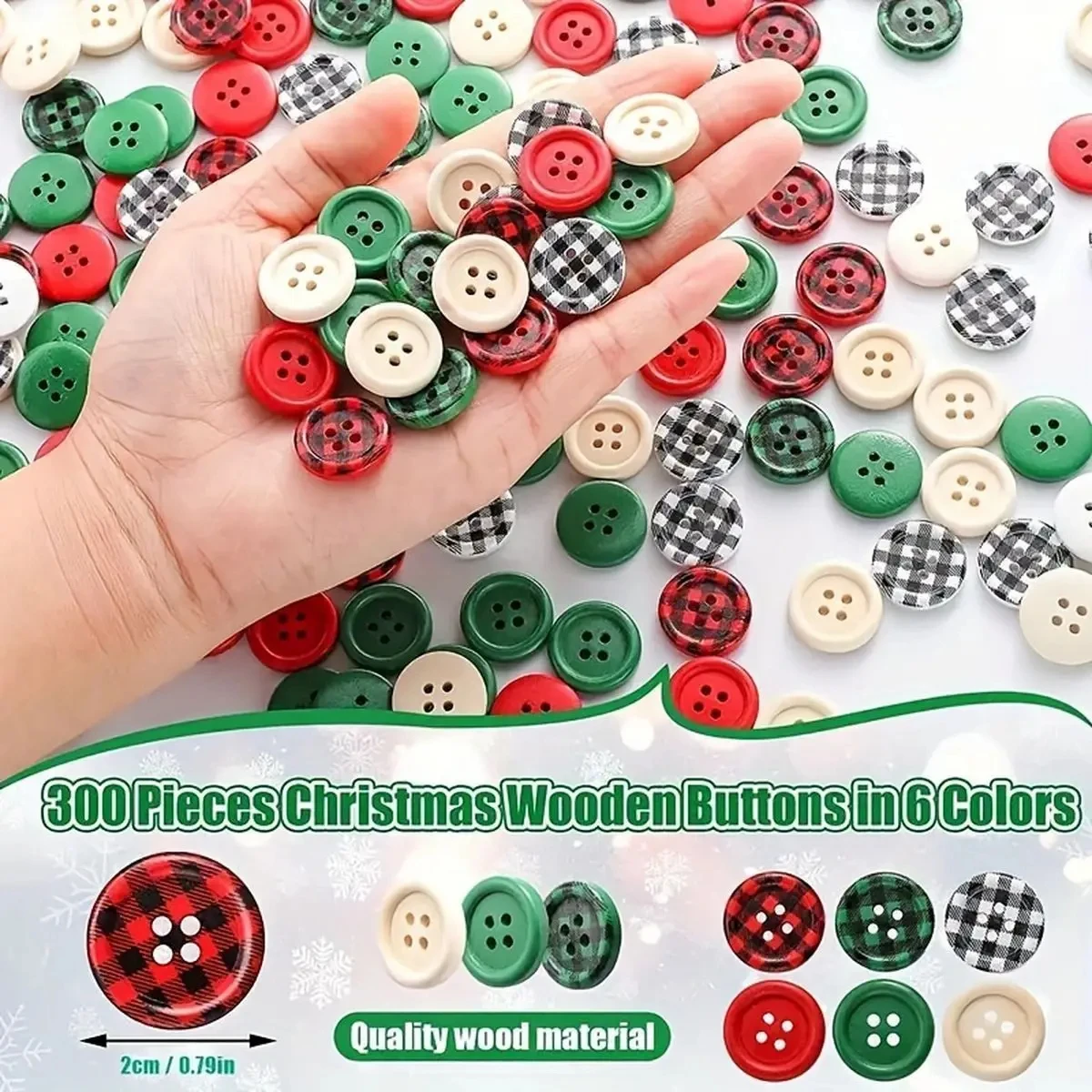 60Pcs Christmas Wooden Buttons, 6 Colors, 20mm, Plaid Wooden Buttons, 4 Holes, Green and Red Wooden Buttons