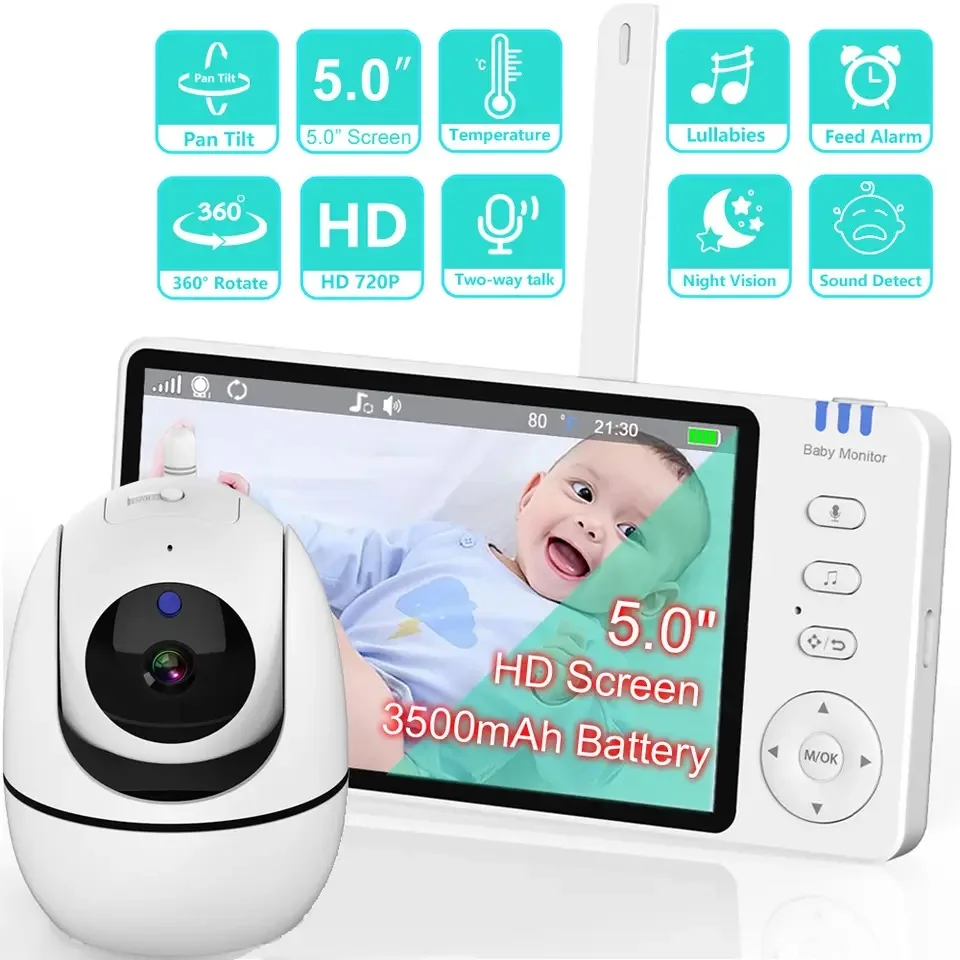 

5'' IPS Video Baby Monitor with Pan Tilt Camera 3500mAh Battery Two Way Audio Intercom Auto Night Vision Kids Security Camera