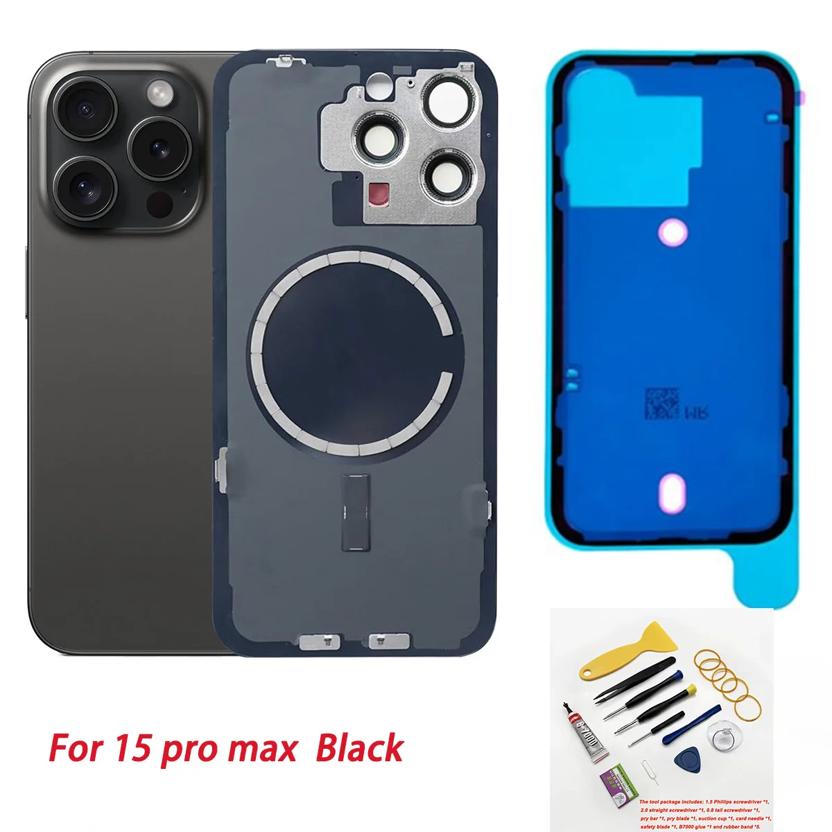 

For iPhone 15pro max rear glass replacement, original size with camera lens, magnets + professional repair tool kit