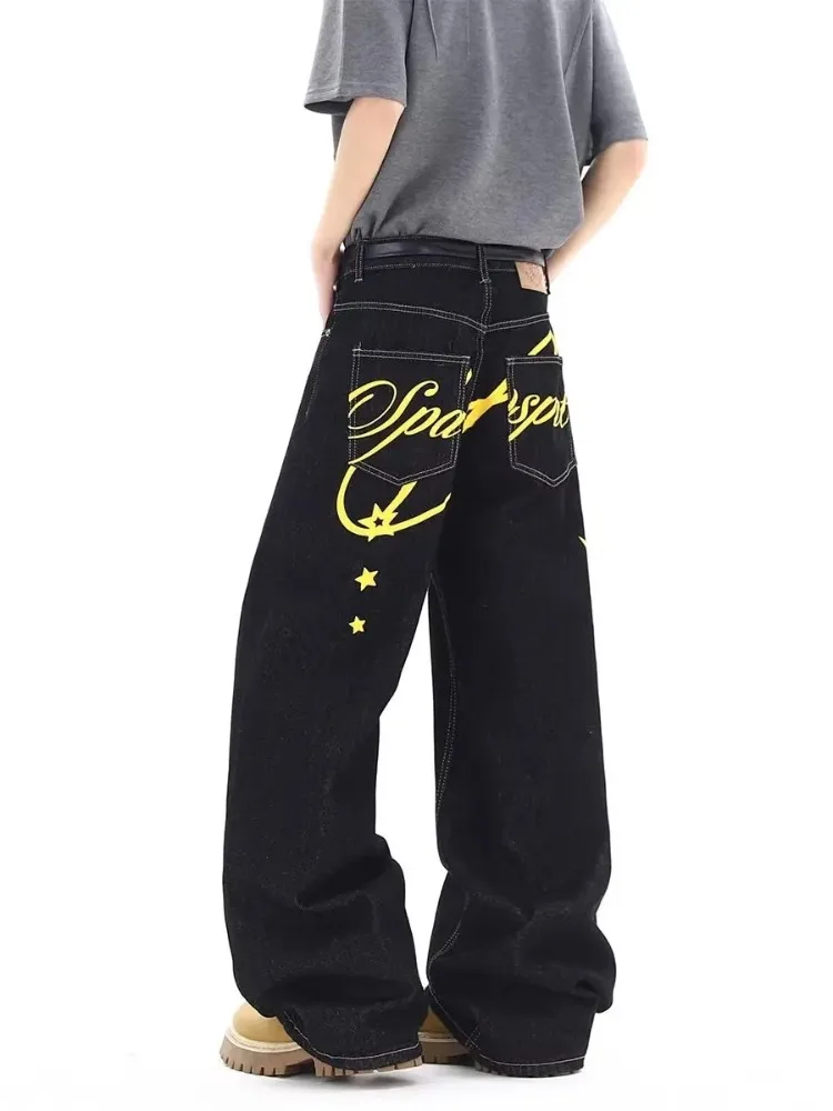 Women's Yellow Letter Print Retro Unisex Jeans Vintage Sweatpants 90s Cool Girl Bottoms Summer Pants Female Baggy Trousers