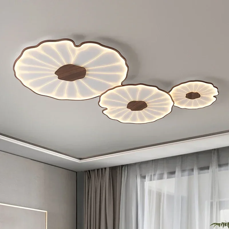 

2024 New Modern Wood Grain Ceiling Lamp For Living Room Bedroom Study Children's Nursery Lotus Leaf Design Metal Led Chandelier