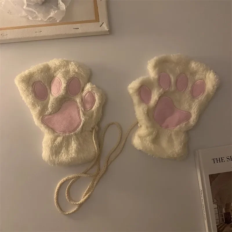 Guantes de medio dedo con garra de gato para mujer, mitones de felpa, cálidos, suaves, cortos, sin dedos, mullidos, oso