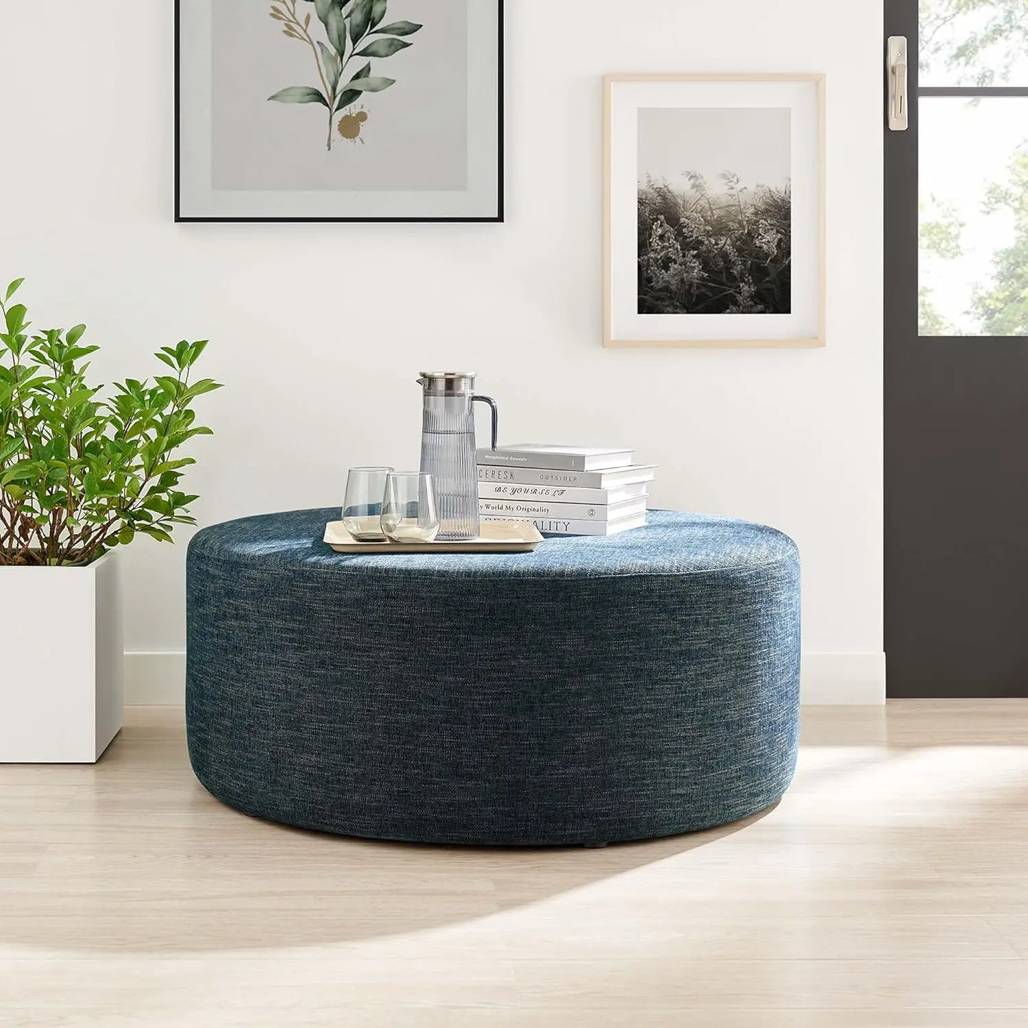38 Inch Round Ottoman in Heathered Weave Azure - Heathered Woven Fabric - Versatile Upholstered Coffee Table and F