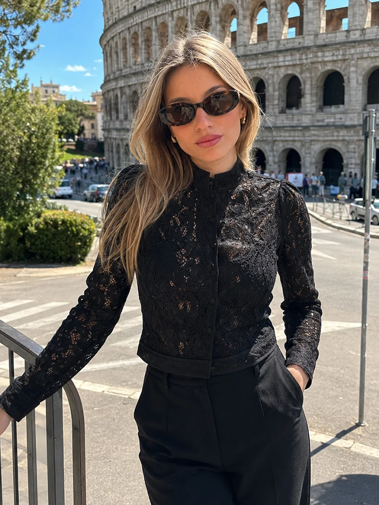 HH Chaqueta corta elegante de encaje de manga larga para mujer, cárdigan transparente con botones y cuello alto floral, ropa de calle para oficina y uso diario