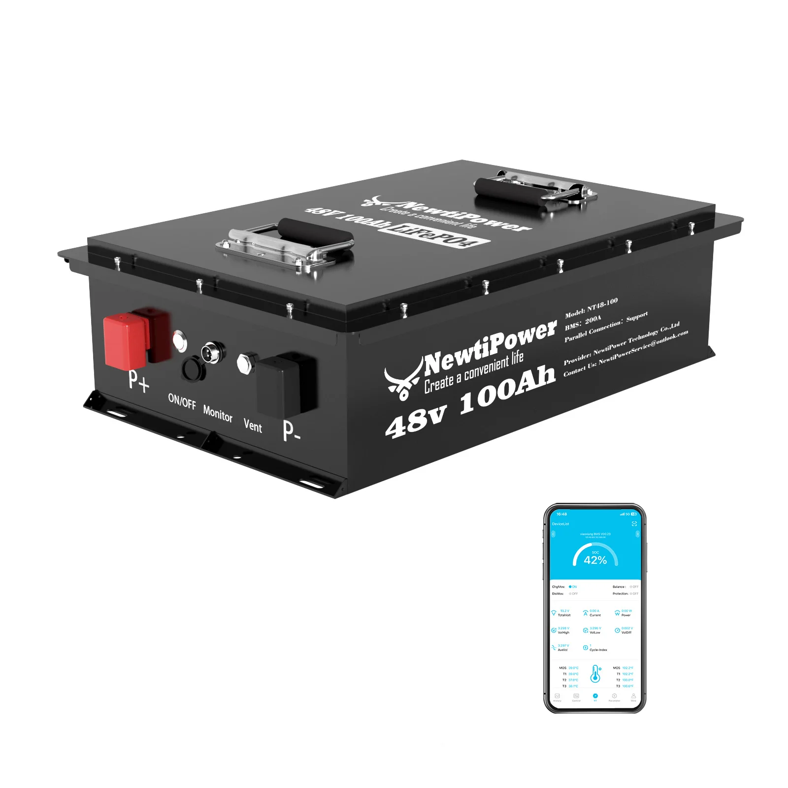 NewtiPower 48V 100Ah LiFePO4 Golf Cart Battery, 5120Wh Deep Cycle Lithium Battery, Built-in 200A BMS, Low-Temp Cut-off Protection, 10000+ Cycles for Golf Cart, ATV, Tour Cart