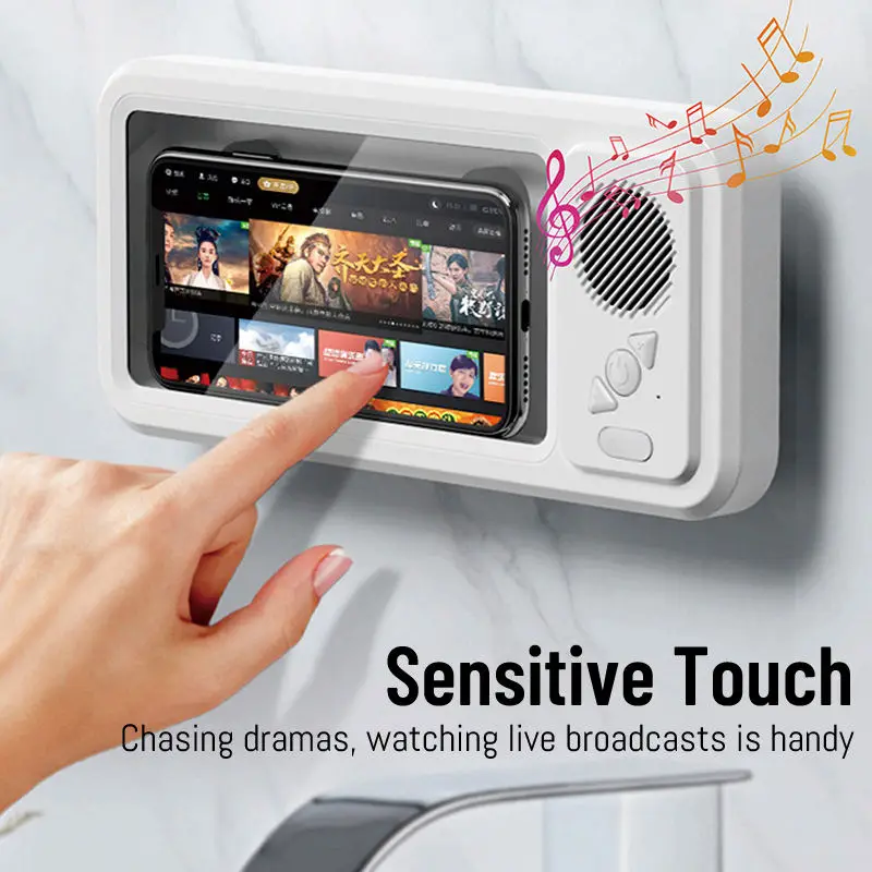 Capa de Telefone à Prova d'Água para Banheiro com Caixa de Som Bluetooth, Suporte de Parede para Telefone, Antiembaçante para Banho, Cozinha