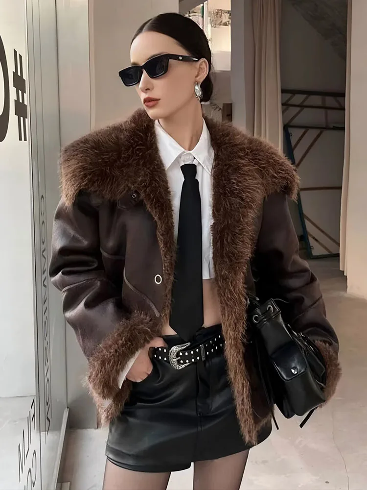 HH Women's Winter New Fashion Versatile Fur One-Piece Thickened Jacket Female Personality Temperament Commuting Warm Retro Coat