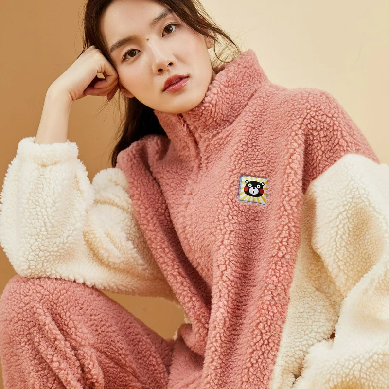 Pajamas Women's Lazy Wind Loose Embroidery Windproof Design Kumamoto Xiong Joint Lamb Wool Loungewear Set Comfortable Simple