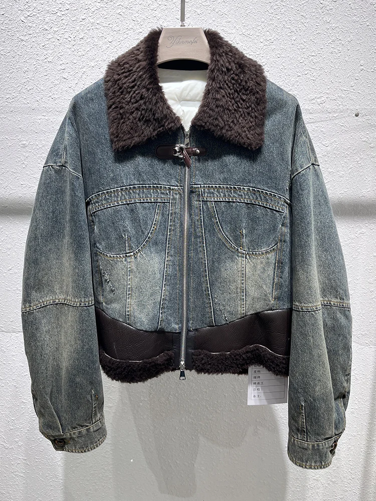 2025 Fashion Women Real Merino Sheep Fur Collar Denim Down Jacket Winter Warm Thick Luxury Clothing Parkas Female Puffer Jacket