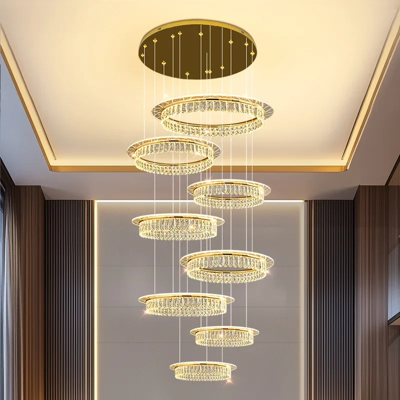 Villa duplex living room, large chandelier light luxury building middle floor loft high, crystal empty loft apartment chandelier