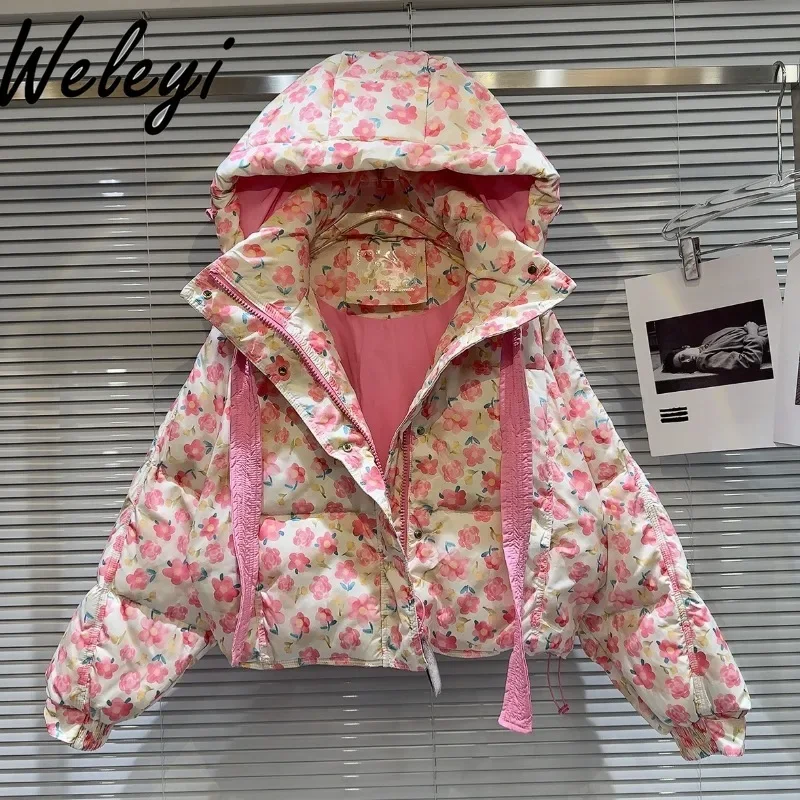 

Sweet Floral Printed Pink Hooded Down Jacket 2024 New Kawaii Warm Hand-painted Flower Cartoon Pattern Winter Clothes Women Coat