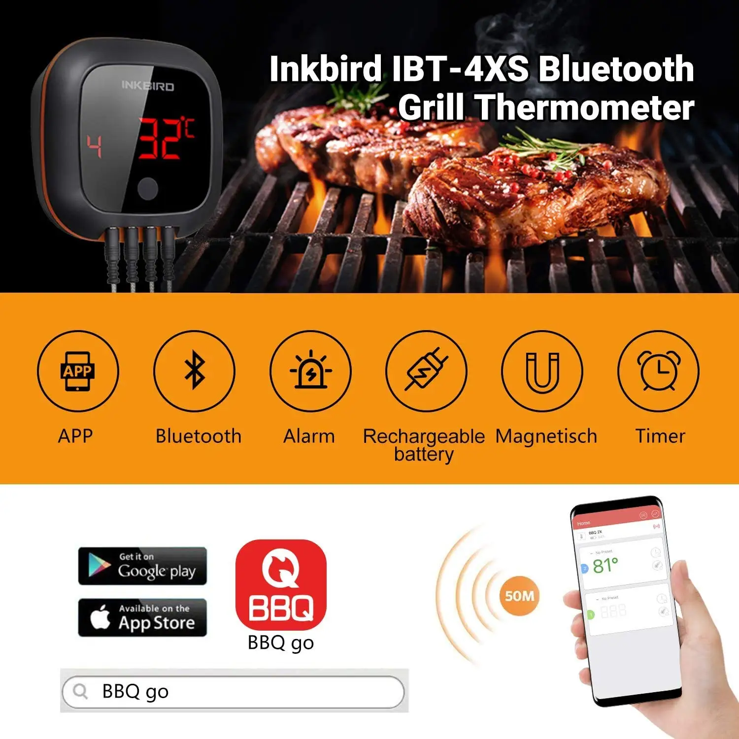 INKBIRD IBT-4XS Kitchen Digital BBQ Thermometer 1000mAh Rechargeable Bluetooth Meat Barbecue Food Temperature Monitor