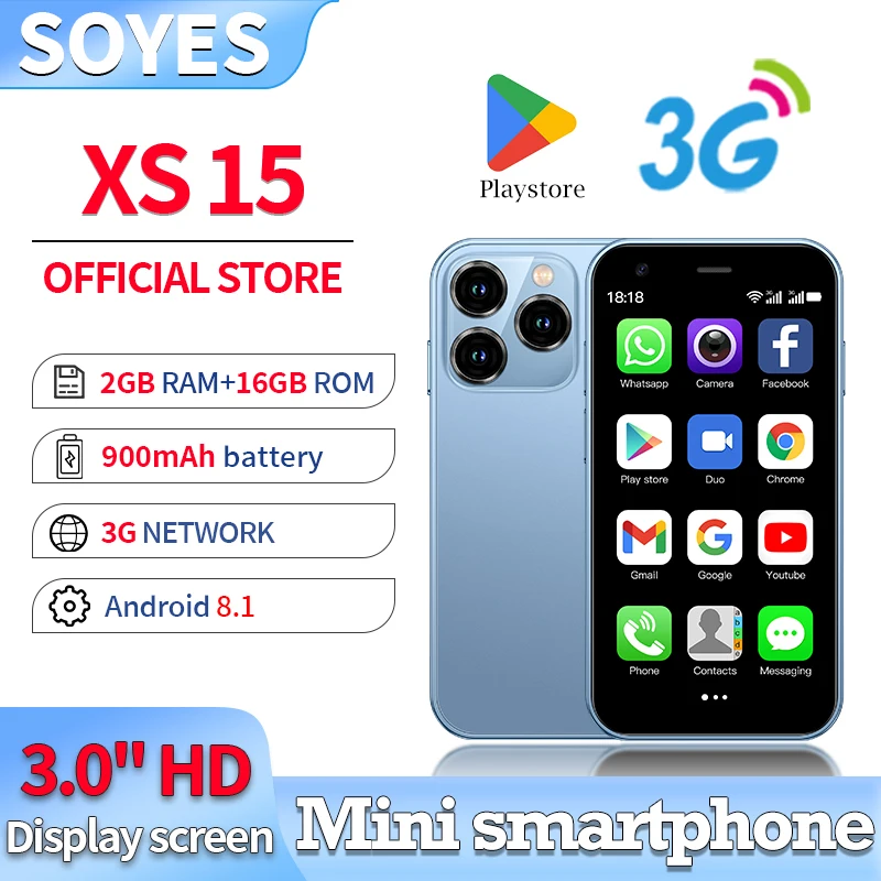 SOYES ONEMYTH XS15 Blue 3G Mini Smartphone 3.0-inch HD Screen 2G RAM 16G ROM Dual SIM Standby More Applications Small Phone