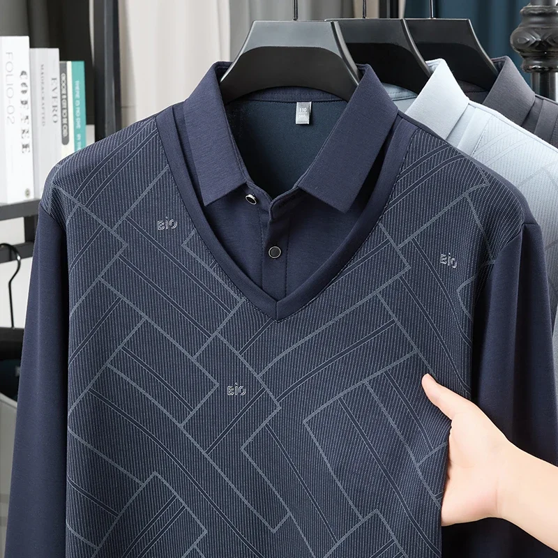 

TFETTERS 2025 Autumn Vintage Tshirts Men Long Sleeve New Soft Man Business Casual Slim Fake Two T-shirt for Men Clothing