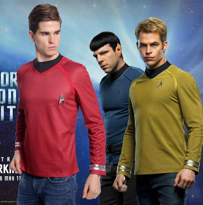 

Women Men TOS Captain Cosplay Shirt For Men and Dress for Women Kirk Gold Spock Blue Uniform Red Starfleet Tops Dresses