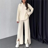 2025 Winter Women's Zipper High Neck Ribbed Two Piece Set Casual Pullover Warm Tops High Waist Split Wide Leg Trousers Women